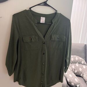 No Boundaries Green Button Down Shirt with Mandarin Collar